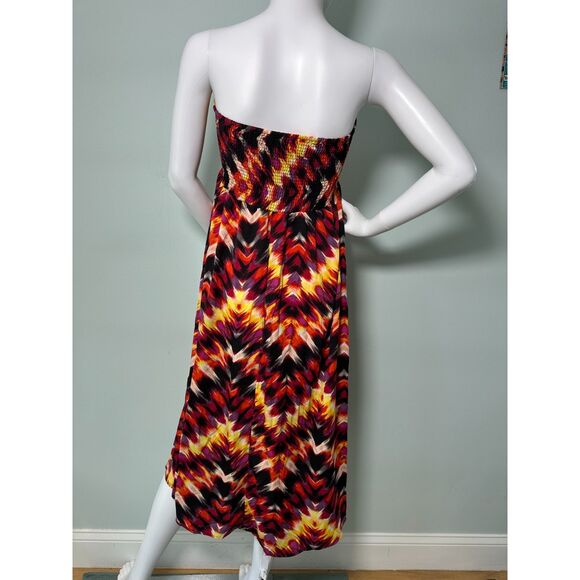 Y2K Strapless Smocked Boho Midi Dress Abstract Flame Print Festival Dress size S - Picture 2 of 4